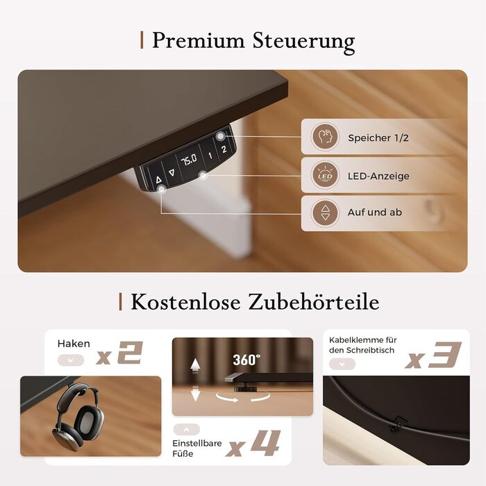 Стіл Klicelor з регульованою висотою та рухомою підставкою для монітора, 140x60 см, стіл для роботи сидячи/стоячи з 2 кнопками пам&39яті, 3-секційна стільниця, комп&39ютерний стіл, чорний 140 x 60 см