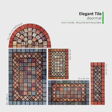Килимок для дверей Nicoman Elegant Tile Mat Barrier, екологічний, стійкий до подряпин та ковзання, для використання всередині та зовні приміщень, форма півмісяця (75x44 см), червона облямівка, червона облямівка, 75 см (круглий)
