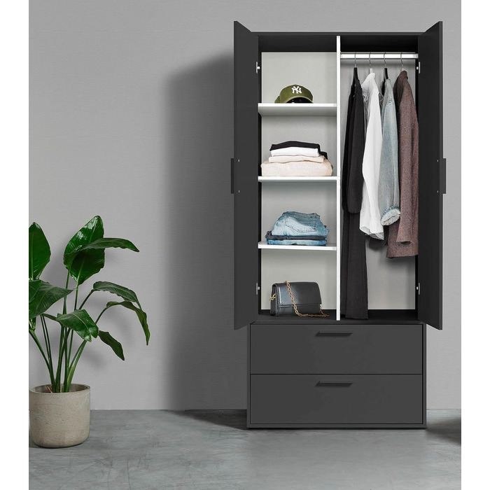 Шафа mokebo Герой одягу (80x180x51 см) з 2 шухлядами та 4 відділеннями, шафа, шафа для передпокою або комора для спальні чи гардеробної з дерева чорного антрацитового кольору, ширина 80 см З вішаком для одягу та відділеннями