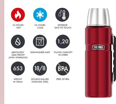 Термос-пляшка Thermos Stainless King, червона, 1,20 л - нержавіюча сталь, абсолютно герметична, з чашкою для пиття та ручкою, зберігає напої гарячими 12 годин та холодними 24 години, можна мити в посудомийній машині, без BPA, журавлина 1200 мл