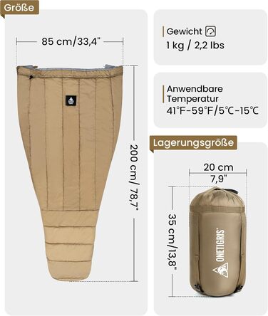 Спальний мішок OneTigris 200 x 85 см, ковдра на 3 сезони, спальний мішок UL 1.0 кг для кемпінгу, походів, активного відпочинку на свіжому повітрі, OD зелений