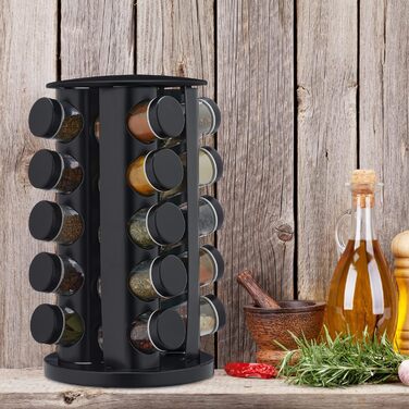 Карусель для спецій Relaxdays з 20 баночками для спецій, включаючи вставку-шейкер, обертова, багаторазова підставка для спецій для кухні, чорна