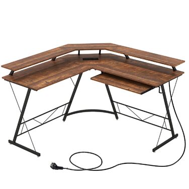 Кутовий стіл LIFEZEAL L-подібної форми, комп&39ютерний стіл з кріпленням для монітора, стіл із зарядною станцією, підставкою для клавіатури та гачком для навушників, кутовий стіл для дому, офісу, спальні (коричневий)