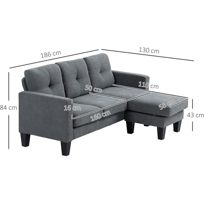Кутовий диван HOMCOM, кутовий диван з двостороннім шезлонгом, L-подібний диван, м&39який кутовий диван з пружинним каркасом, сталевий каркас, лляний вигляд, 186 x 130 x 84 см, темно-сіра тканина, лляний вигляд