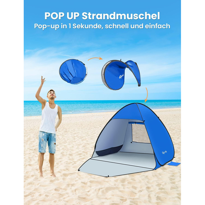 Пляжний навіс Glymnis з дверима на блискавці, захист від ультрафіолету 50, вітрозахисний, невеликий розмір у упаковці, синій, для 1-2 осіб
