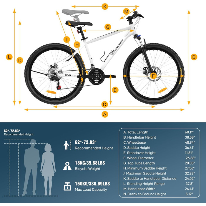 Гірський велосипед EVERCROSS EM3 для дорослих (чоловіків та жінок), 26-дюймовий велосипед, 21-швидкісна система передач, алюмінієва рама з амортизаційною вилкою, всюдихідний велосипед з дисковими гальмами, вантажопідйомність 150 кг