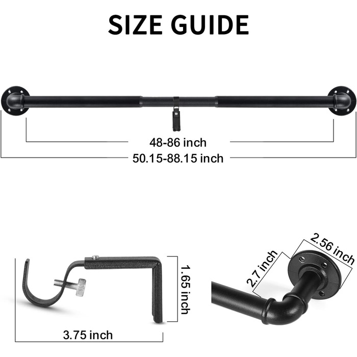 Чорний карниз висувний металевий, промисловий регульований висувний карниз для люверсних штор, промисловий карниз для вікна 80 см - 218 см, натяжний стрижень для міжкімнатної перегородки. 122 см - 218 см
