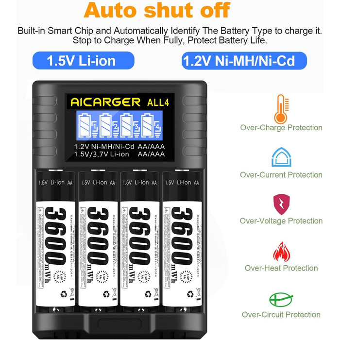 Зарядний пристрій для акумуляторів типу AA AAA, 4 слоти, швидка зарядка 5V/2A з РК-дисплеєм для літій-іонних акумуляторів типу AA AAA 1,5 V (штекер USB-C), в комплекті 4 акумуляторні батареї типу AA ємністю 3600 мВтгод із зарядним пристроєм AICARGER, 4 шт