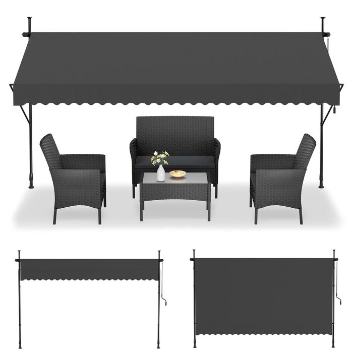 Тентовий тент із затискачем та кривошипом, шириною 350 см - Балконний тент без свердління, регульований, із захистом від ультрафіолету, захистом від сонця, водонепроникний, темно-сірий (3,50 x 1,20 м, темно-сірий) 3,50 x 1,20 м темно-сірий