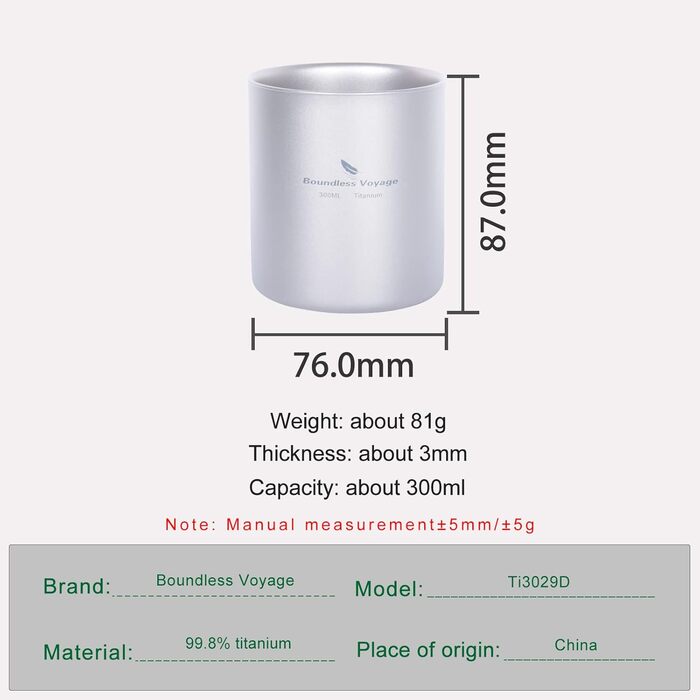 Титанова кружка для кемпінгу на відкритому повітрі 300 мл Дорожня кружка з подвійними стінками, ізольована чашка, складна кавова посуд, легкий міцний посуд для щоденного використання, походів Ti3029D 300 мл чашка-ti3029d
