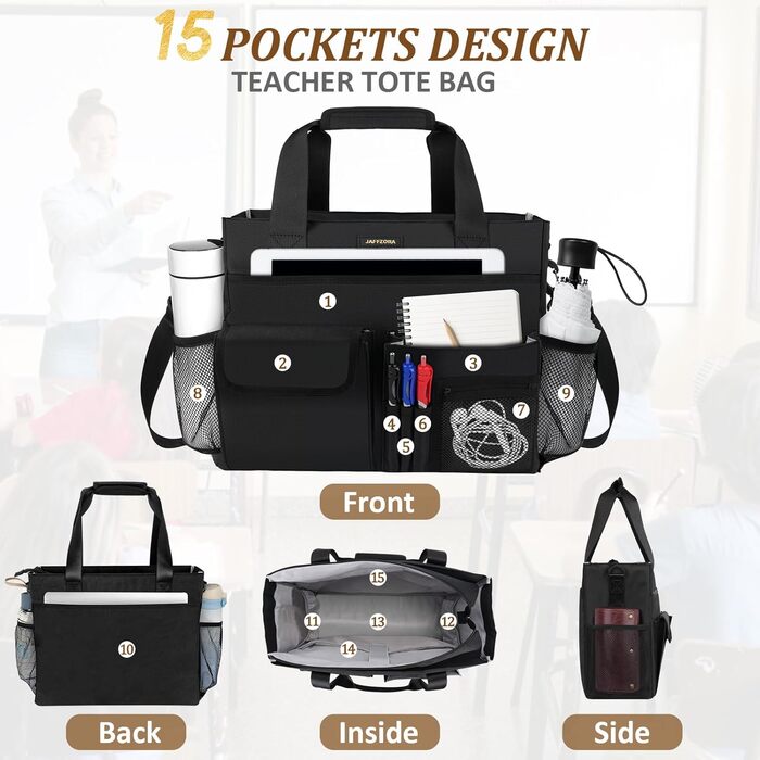 Жіноча сумка для вчителя, сумка для ноутбука з 15 кишенями, робоча сумка для медсестер, вчителів та лікарів, чорна XL (41 x 15 x 32 см)