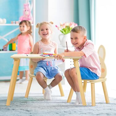 Дитячий стіл OOOK з 2 стільцями, Дерев&39яний дитячий стіл та комплект стільців, Дитячий комплект сидінь з 2 стільцями у формі тварин, Комплект сидінь для дітей від 3 років для дитячих кімнат та дитячих садків