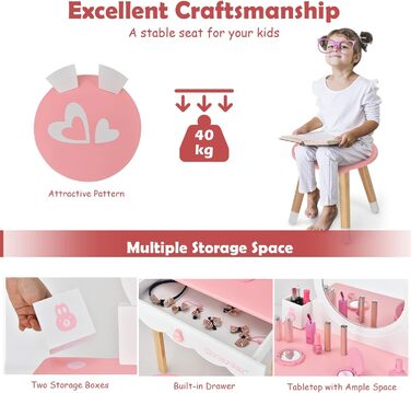 Дитячий туалетний столик LIFEZEAL 2 в 1, дитячий косметичний столик зі знімним дзеркалом і табуреткою, туалетний столик для дівчат
