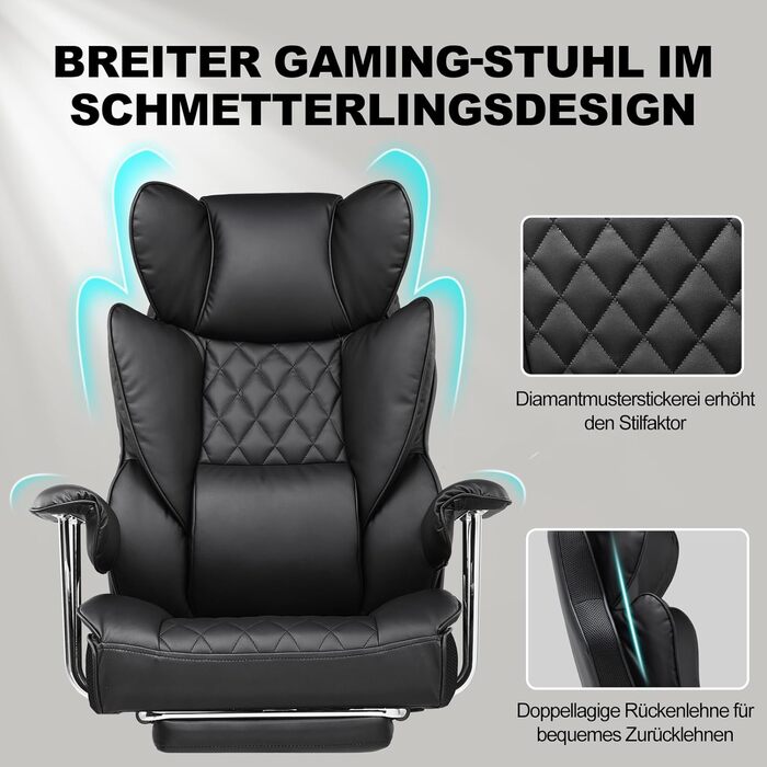 Ігрове крісло GTPLAYER, офісне крісло з пружинною опорою для попереку, ергономічне та зручне широке офісне комп&39ютерне крісло з м&39якими підлокітниками та підставкою для ніг, що фіксуються назовні, шкіра чорного кольору, чорна штучна шкіра