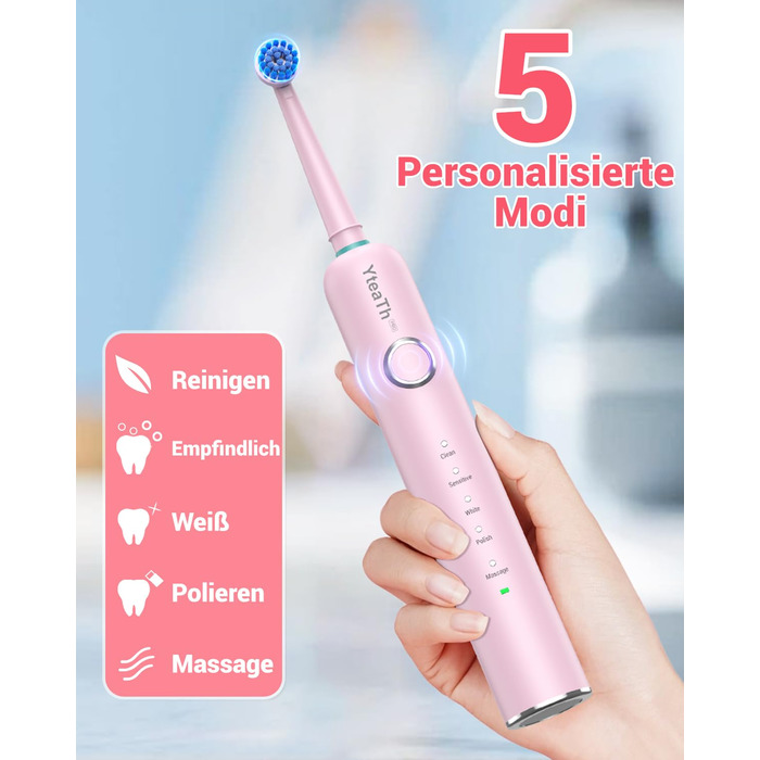 Обертова електрична зубна щітка для дорослих та дітей з 8 насадками, електрична зубна щітка з настінним тримачем та зарядною станцією, 5 режимів чищення та дорожній футляр, 60 днів роботи від акумулятора (Рожева)