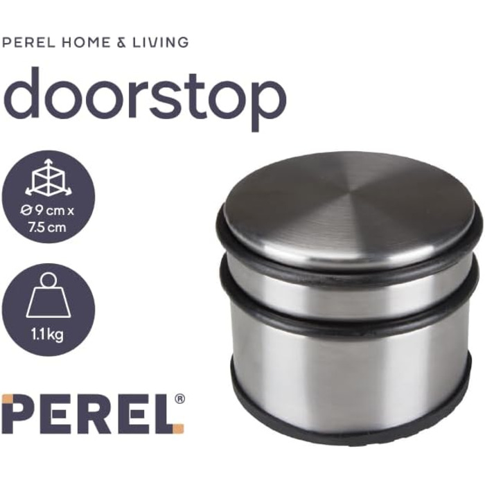 Дверний обмежувач Perel з нержавіючої сталі, без свердління, з нековзною гумовою основою, висотою 75 мм і діаметром 90 мм, для тон