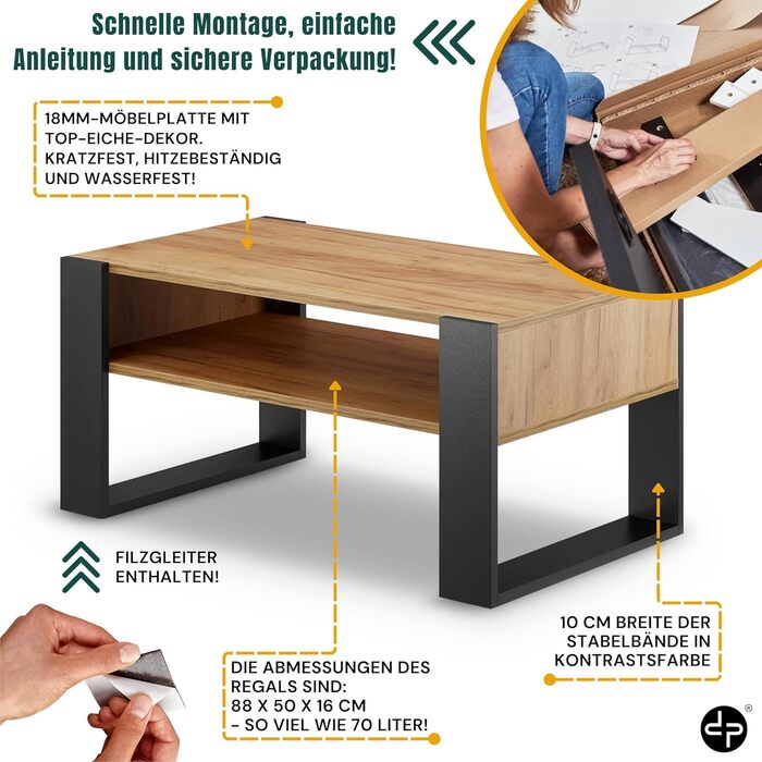 Журнальний столик для дивана Журнальний столик з чорного дуба з місцем для зберігання Сучасний стіл для вітальні Журнальний столик Маленький столик Журнальний столик шириною 92 см Міцний стіл для вітальні з чорного дуба