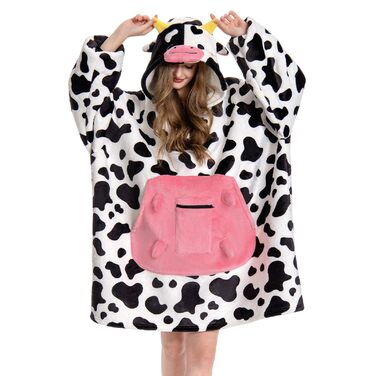 Ковдра великого розміру з капюшоном для дорослих, портативна ковдра з шерпа-флісу з рукавами та кишенями, м&39яка тепла затишна толстовка з капюшоном для жінок та чоловіків, принт корови