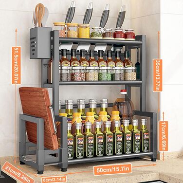 Стелаж для спецій Devesanter, 3 яруси, кухонна полиця для банок для спецій великої місткості, металевий органайзер для зберігання на стільниці з тримачем для обробної дошки, тримач для посуду, з 6 гачками, сірий, 3 яруси, металевий, сірий