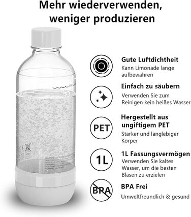 Пляшки з газованою водою Pinci Duo Pack, змінні пляшки для газованої води для виробника газованої води, без бісфенолу А, багаторазова герметична конструкція з різьбовим з'єднанням, ПЕТ пластикова пляшка з-під газованої води 2x1 л (чорнийбілий)