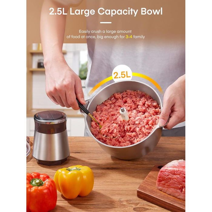 Подрібнювач кухонний електричний, 350 Вт, з 2-ма швидкостями, чашею з нержавіючої сталі об'ємом 2,5 л, 4 ножами з нержавіючої стал