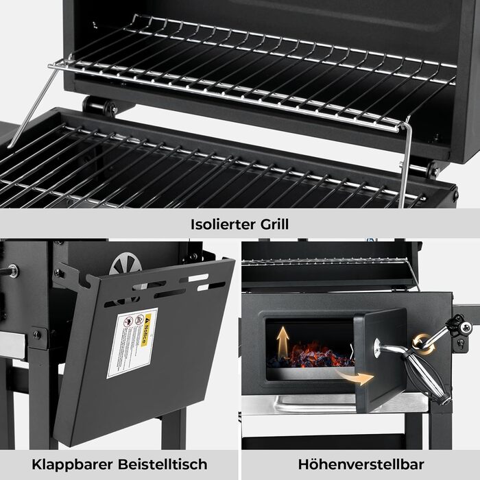 Вугільний гриль з кришкою та візком, BBQ коптильня, мобільний вугільний гриль на 2 колесах, з решіткою, термометром, компактний вугільний гриль-візок, регульований по висоті для кемпінгу та саду