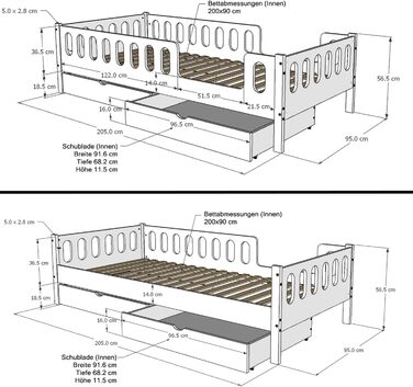 Дитяче/підліткове ліжко CADANI LARS 200x90 см Біле, дві шухляди, знімні поручні безпеки, трансформується в дитяче ліжко 90 x 200 см Біле - з шухлядою - матрац не входить до комплекту