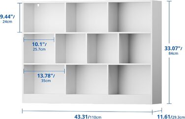 Книжкова полиця, окремостояча полиця з 3 рівнями та 10 полицями, книжкова шафа, 29,3 x 110 x 84 см, кубічна полиця для вітальні, офісу, спальні, кабінету (1, білий) Білий 1
