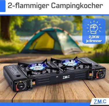 Газова плита для кемпінгу ZMC, 2 конфорки, 2,5 кВт, включаючи адаптер для підключення зрідженого газу та футляр для зберігання. Комплект кемпінгової плити з газовими картриджами та грильною пластиною (можна вибрати), з п&39єзорозпалом, для використання на