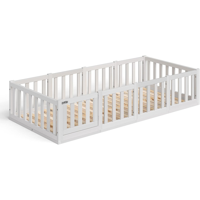 Ліжко Bellabino Tapi 90x200 см, дитяче ліжко з поручнями та дверцятами, включаючи рейкову основу, підлогове ліжко Монтессорі для хлопчиків та дівчаток з масиву сосни, біле лаковане, Ліжко 90 x 200 см Біле - з дверцятами