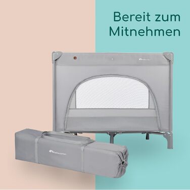 Дитяче ліжечко-манеж 2-в-1, 0-3 роки (15 кг), Компактне дорожнє ліжечко, Бічне вікно, Великий матрац, Сумка для перенесення, Складане, Стабільне, Мінерально-сірий колір