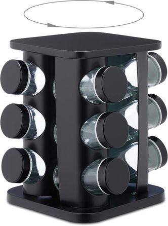 Підставка для спецій Relaxdays з 12 баночками для спецій, що можна багаторазово наповнювати, зі вставкою-шейкером, обертовою каруселью для спецій, нержавіюча сталь, чорна