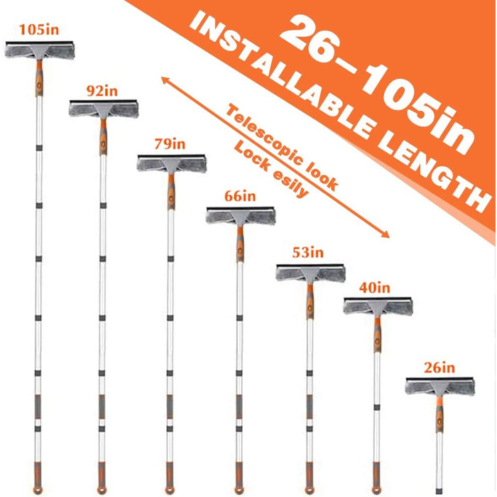 Професійний очищувач склоочисників, Душовий склоочисник 2-в-1 з подовжувачем 266CM'', Телескопічний омивач вікон, Інструменти для миття скла для високих вікон всередині та зовні