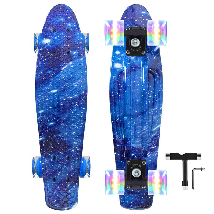 Скейтборди Nattork 22-дюймовий міні-круїзер фіолетовий скейтборд у комплекті ретро скейтборди з барвистими підсвічуванням PU колеса для дітей, дівчаток, хлопчиків, початківців, Blauer Stern