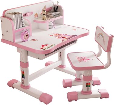 Дитячий функціональний комплект столу та стільця, регульований по висоті, для дітей, школи та навчання, комплект столу та стільця з мультяшним візерунком, ергономічний стілець з великою письмовою дошкою, книжковою полицею та