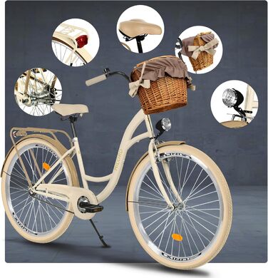 Жіночий міський велосипед MILORD Comfort з плетеним кошиком, вінтажний, 26, 28 дюймів, 1 швидкість, кремово-коричневий, 28 дюймів