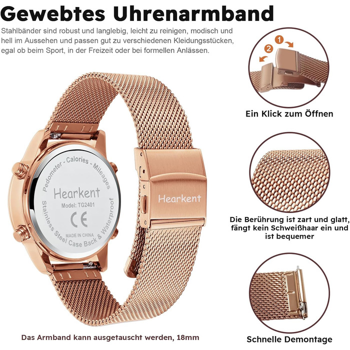 Крокомір, водонепроникний цифровий годинник для відстеження фітнесу, без Bluetooth та додатку, годинник для старших людей з крокоміром та лічильником калорій, спортивний годинник для ходьби/бігу, рожеве золото, жіночий, ширина ремінця 18 мм