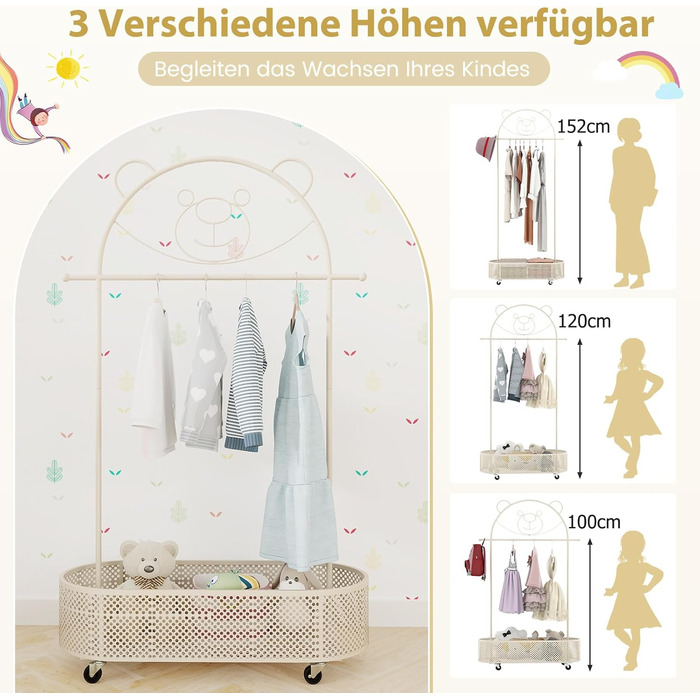 Вішалка для дитячого одягу GOPLUS, дитяча вішалка для одягу з вішалкою та полицею, дитяча вішалка для одягу з 3-ма регульованими в