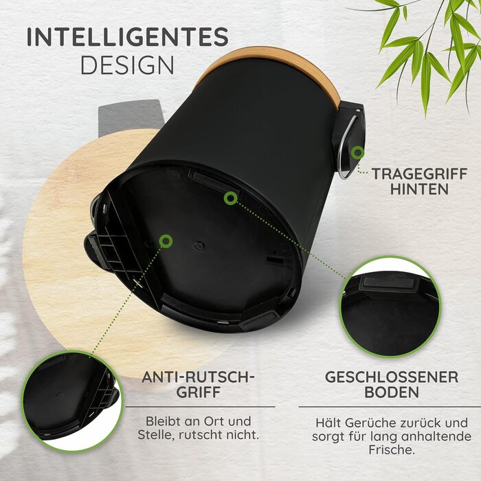 Відро для сміття для ванної Exitoso 5 л чорне - косметичне відро з бамбуковою дерев'яною кришкою та механізмом плавного закриття -