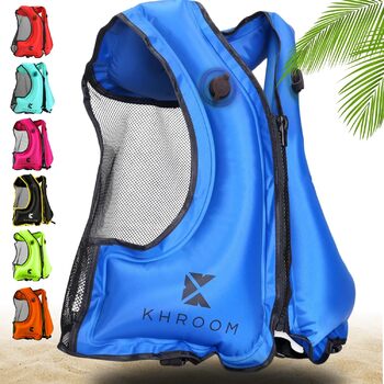 Надувний рятувальний жилет Khroom для дорослих, що відповідає останнім стандартам ЄС Зріст 150-210 см, до 100 кг Жилет для плавання, жилет для підводного плавання для підлітків та старше Сноркелінг, каякінг та SUP (V2 150-210 см, до 100 кг, синій)