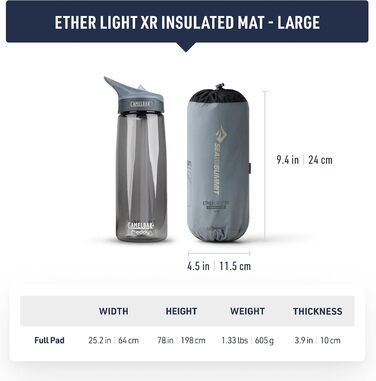 Надувний матрац Ether Light XR Thermo, великий Утеплювач ThermalCore Клапан Xpress Система блокування чохла для речей та подушки Ультракомпактний 3 сезони Для походів Сірий 605 г