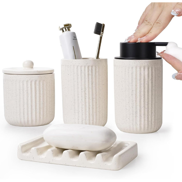 Набір для ванної кімнати Beige UMLACA Керамічні аксесуари для ванної кімнати 4-Piects Включає 350 мл піни для мила, стакан для зубної щітки, мильницю, контейнер для ватних паличок, елегантну прикрасу для ванної кімнати