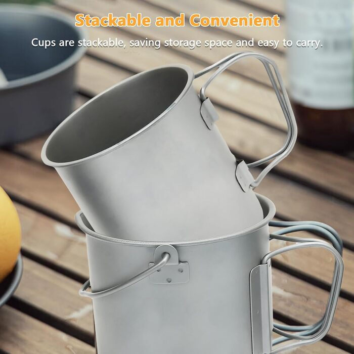 Набір з 2 титанових кухлів легка титанова чашка для кемпінгу на природі зі складною ручкою, місткістю 450 мл та 750 мл для пригод на природі, походів та подорожей