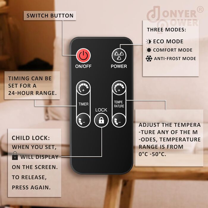Конвекторний обігрівач DONYER POWER 2500 Вт, ультратонкий настінний або окремостоячий, 24-годинний таймер з пультом дистанційного керування та Wi-Fi, чорна скляна панель, 2,5 кВт, чорний