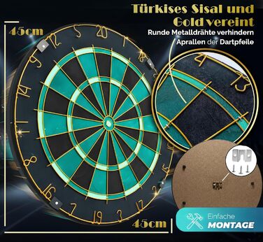 Професійна сизалева мішень для дротиків, бірюзового кольору із золотим кільцем з номером та стрілками - Професійна сталева мішень для дротиків - Мішень для дротиків з 6 металевими наконечниками, золотими стволами для дротиків та держаками