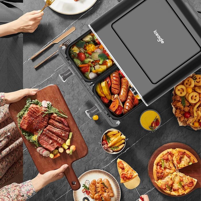 Двокамерна фритюрниця iceagle 11 л - XXL фритюрниця з 2 відділеннями Двозонна фритюрниця, 6 функцій приготування, сенсорний екран, книга рецептів, здорові страви для великої родини Подвійний кошик 11 л