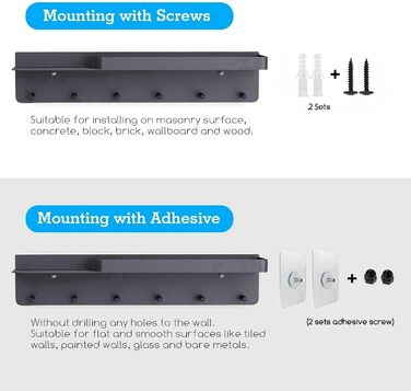 Ключниця Honsdom з полицею і 6 гачками, ключниця чорна, ключниця-органайзер, ключниця без свердління для настінного кріплення для