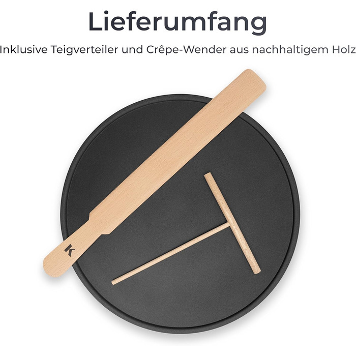 Млинниця KLAMER, велика поверхня для випікання діаметром 33 см, плита з антипригарним покриттям, вкл. тісторозділювач і дерев'яний