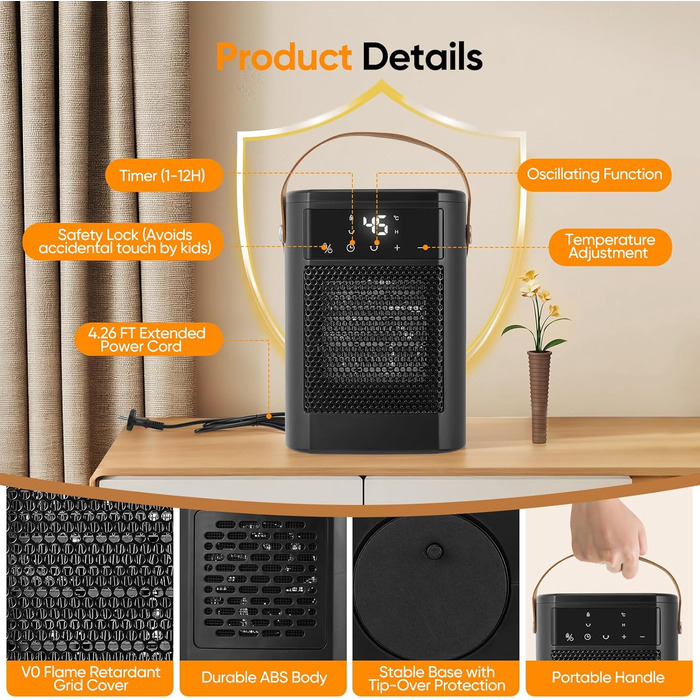 Тепловентилятор з пультом дистанційного керування, 1500 Вт, 3 режими нагріву, 12-годинний таймер, коливання 70, PTC-тепловентилятор, енергозбереження, захист від перегріву та перекидання, портативний та тихий, для дому та офісу