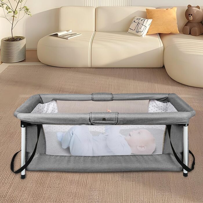 Дитяче ліжечко Homewell Baby Travel Cot, складне дитяче ліжечко з матрацом, портативний намет-ліжечко, оснащений москітною сіткою та іграшками, 90 x 50 см (у зібраному вигляді) / 45 x 50 см (складене) (сірий)